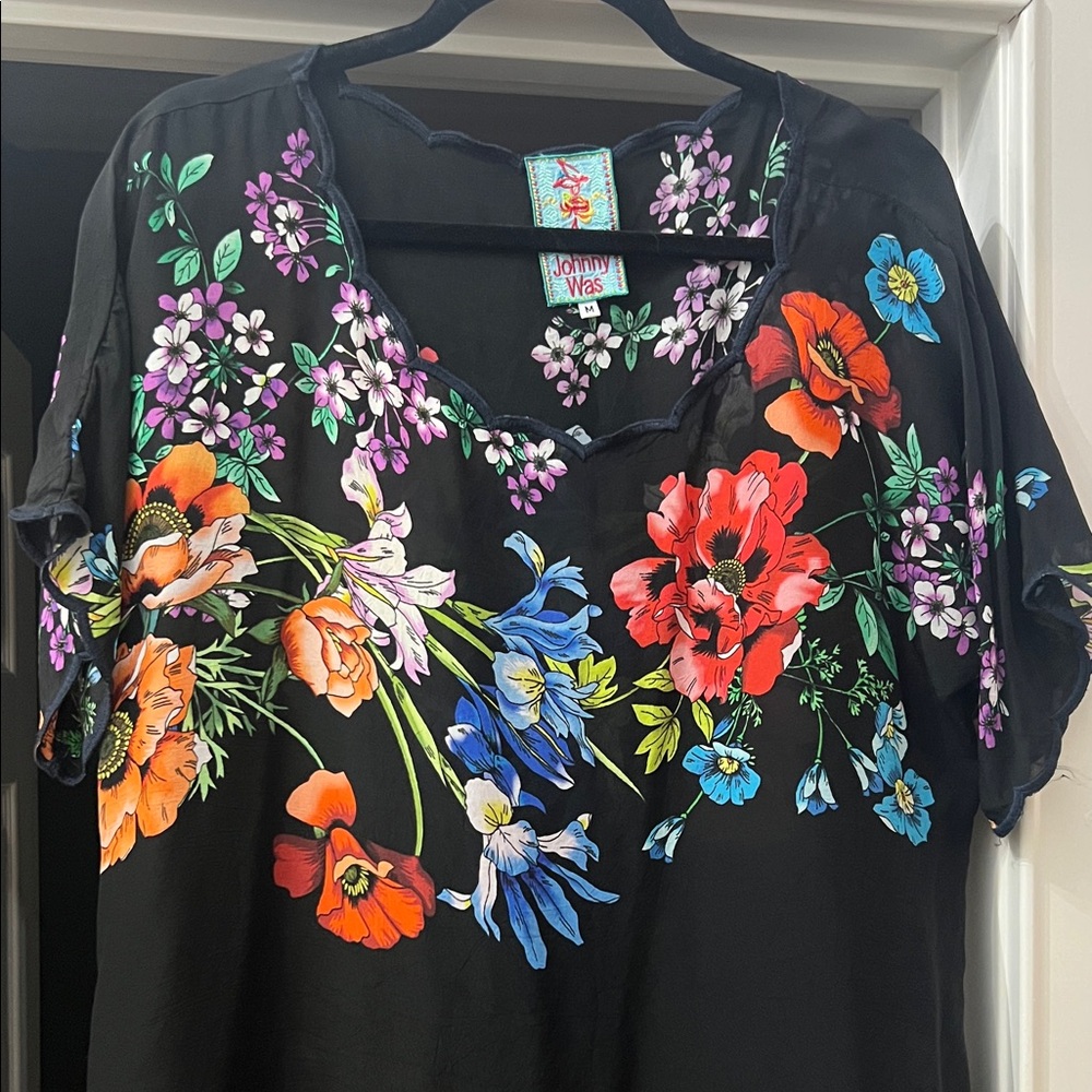 Johnny Was Black Top with Vibrant Floral Design